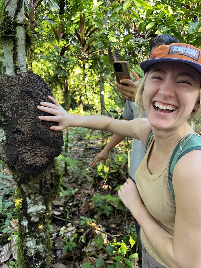 Olivia Luke '25 laughs as aunts crawl onto her hand off of a tree in the Ecuadorian rainforest.