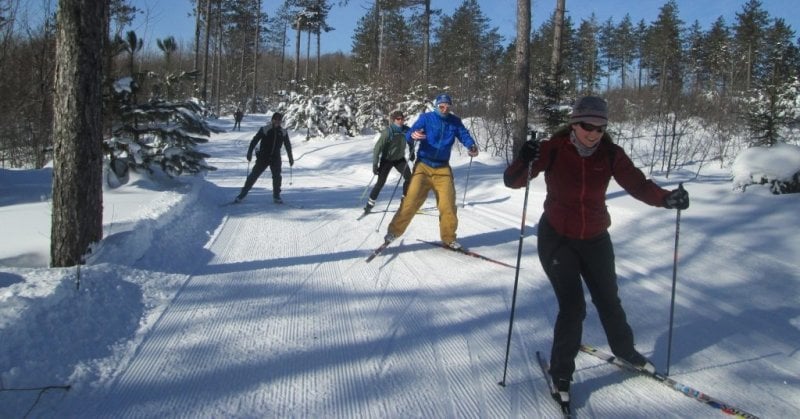 People cross country skiing on a trail.