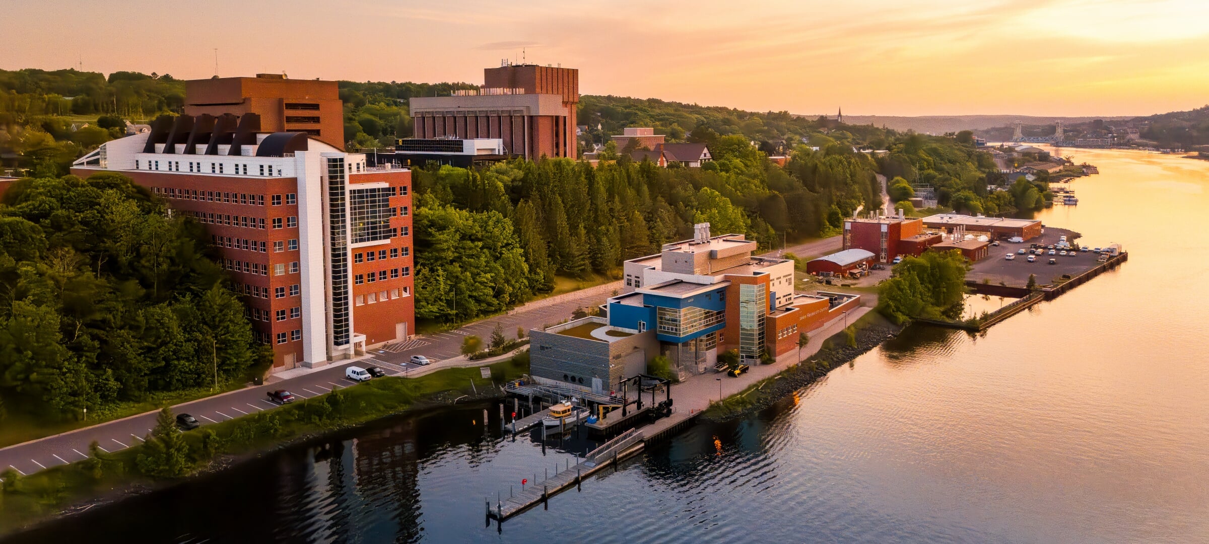 Aerial view of the Michigan Tech campus along the Keweenaw Waterway.