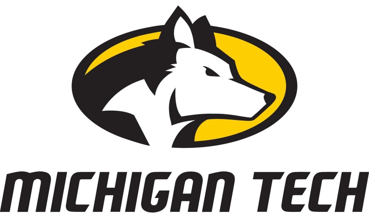 Vertical athletics logo with the husky head above Michigan Tech.