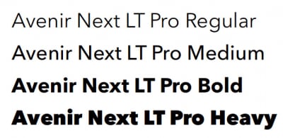 Avenir Next Pro font samples including Regular, Medium, Bold, and Heavy.