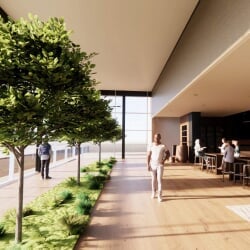 Preliminary conceptual rendering showing a green space.